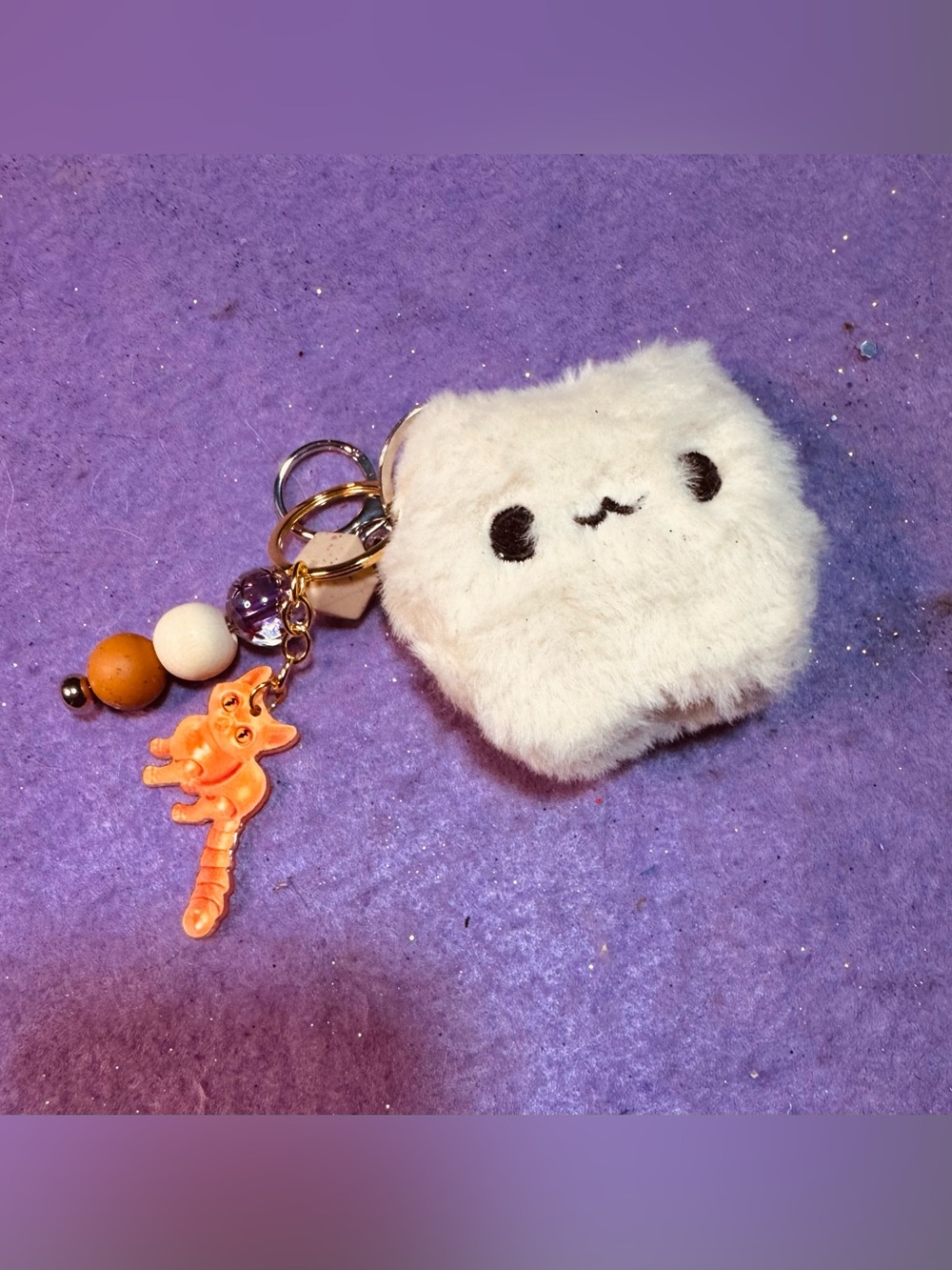 Plush White Kawaii Square Keychain with Cute Face and orange cat charm